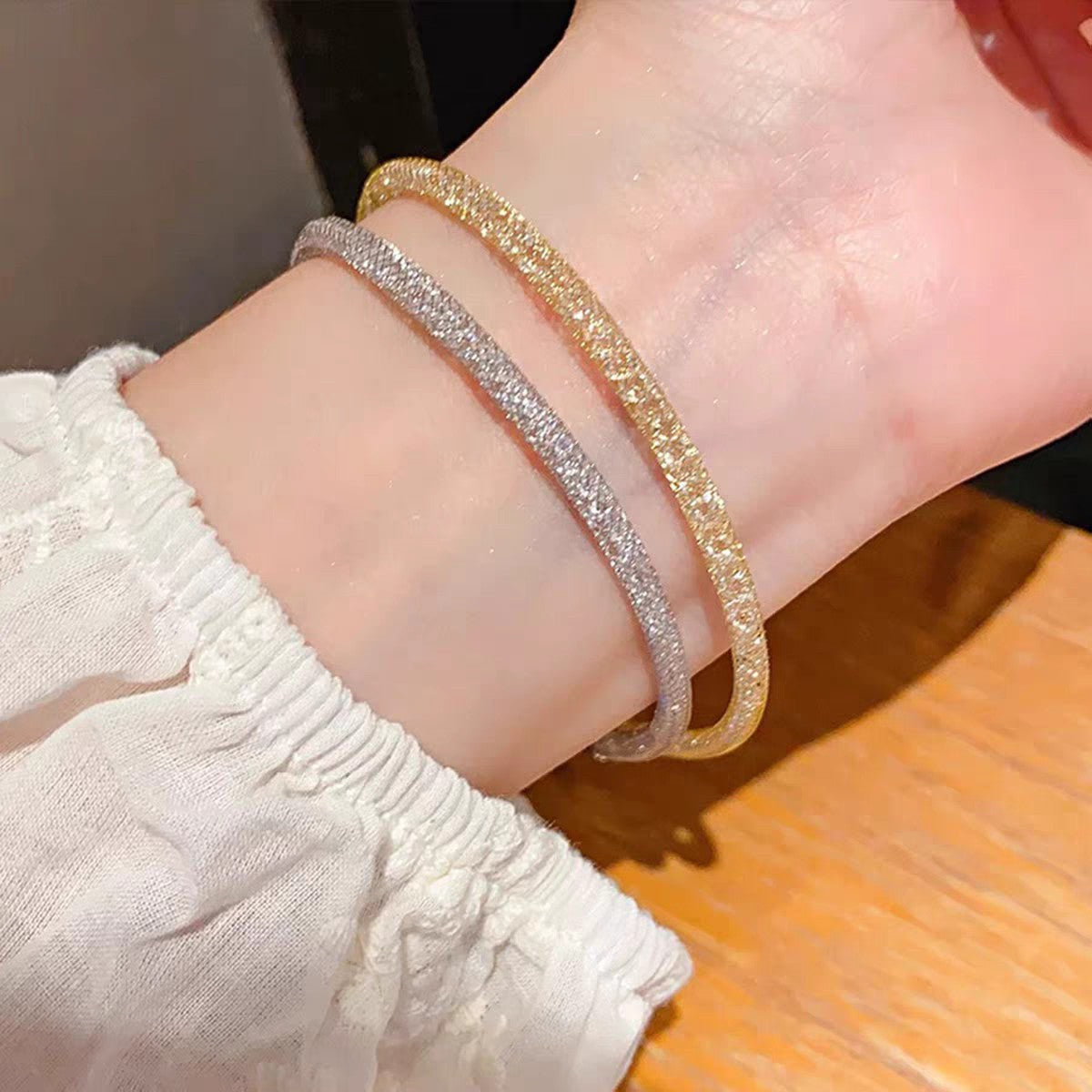 Bracciale a maglia in argento sterling 999 con cristalli,