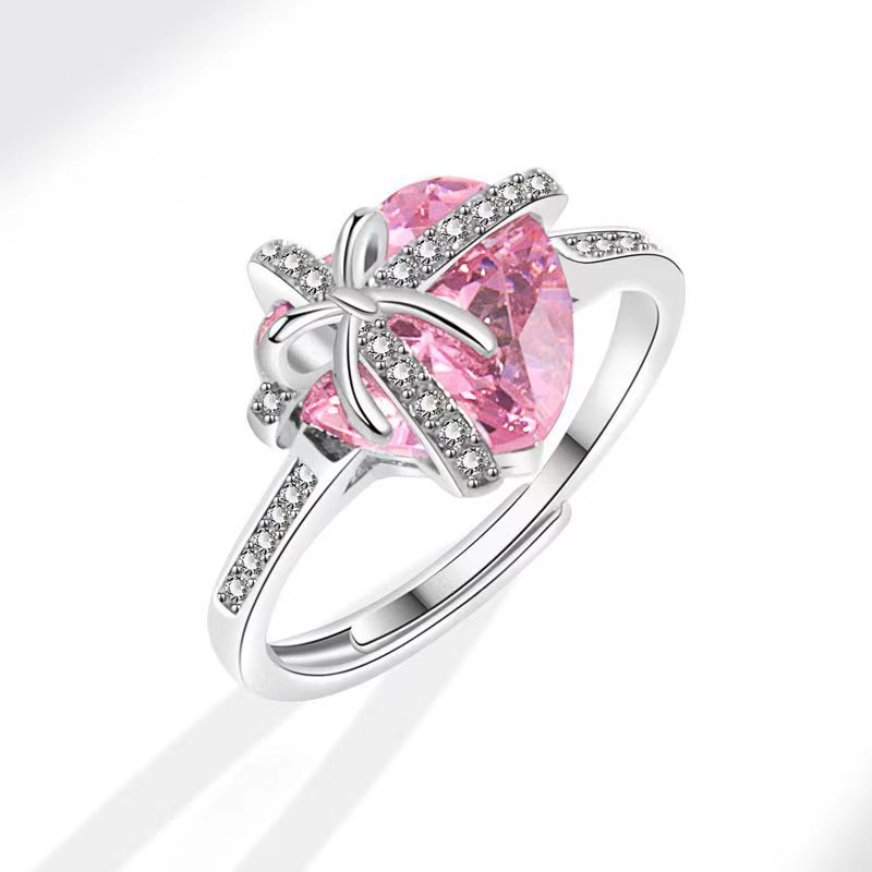 Fairy Luxury Heart Bow Ring For Women, Argyle Diamond Style, Yellow Zircon & High Carbon Diamond, High-end Designer Sense
