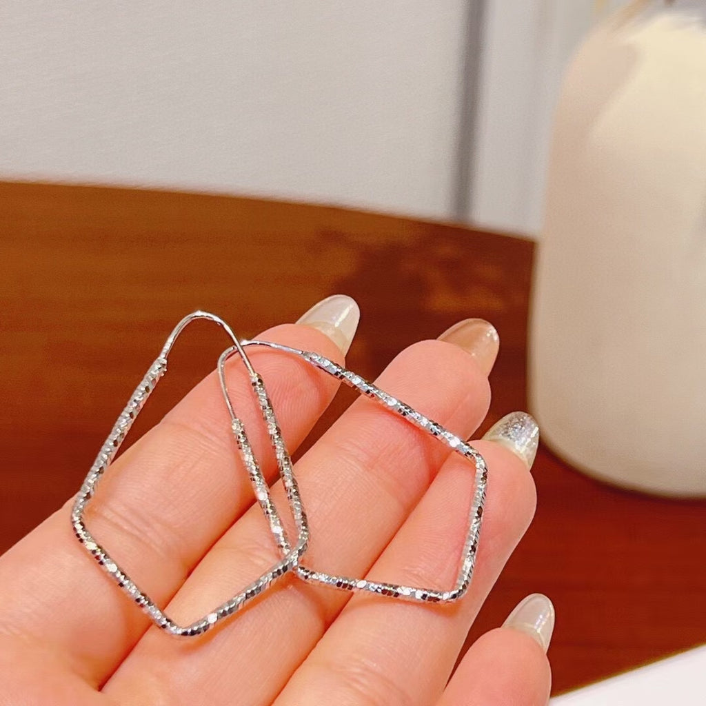 1 Pair 999 Sterling Silver Sparkly Geometric Hoop Earrings,