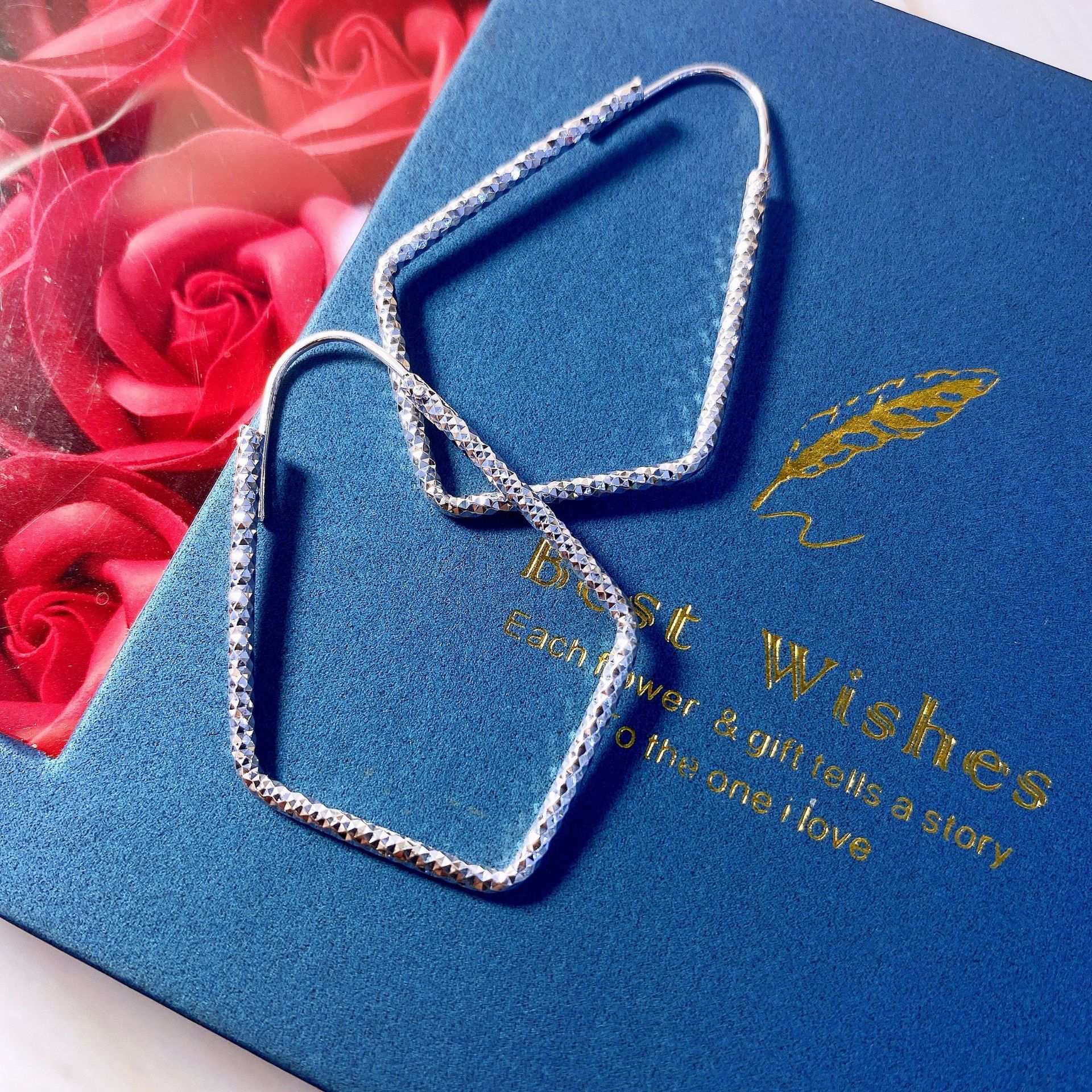 1 Pair 999 Sterling Silver Sparkly Geometric Hoop Earrings,