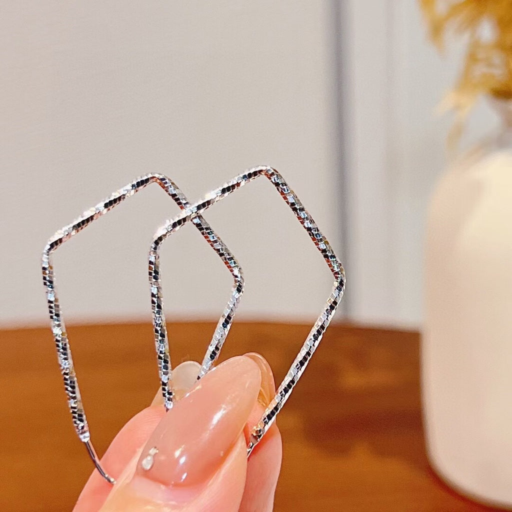 1 Pair 999 Sterling Silver Sparkly Geometric Hoop Earrings,