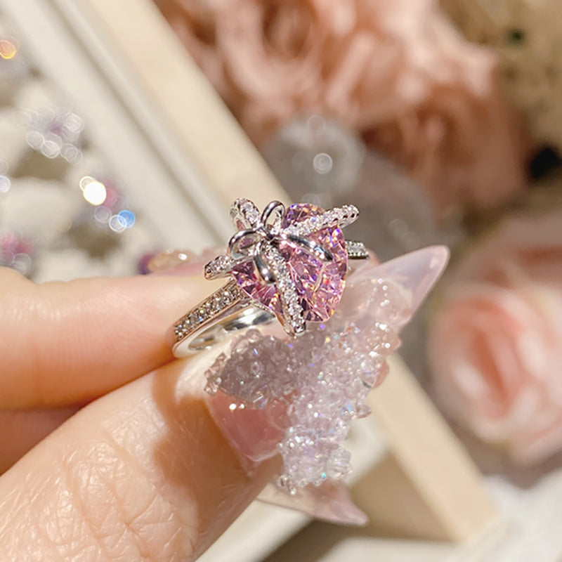 Fairy Luxury Heart Bow Ring For Women, Argyle Diamond Style, Yellow Zircon & High Carbon Diamond, High-end Designer Sense
