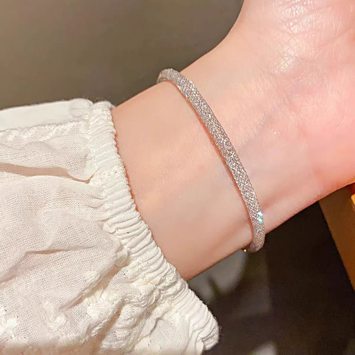 Bracciale a maglia in argento sterling 999 con cristalli,