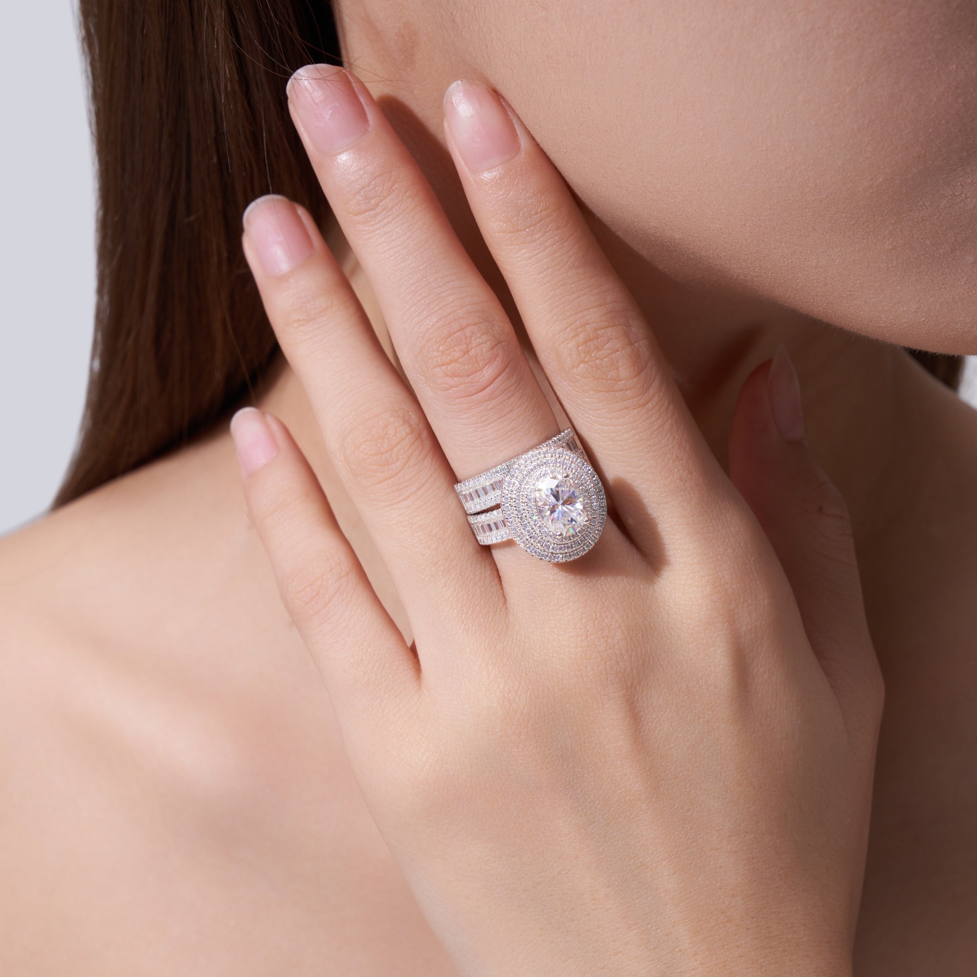 Luxury Fashionable Affordable Trend Jewelry Silver Ring Set With Top-Quality Moissanite, S925 Silver With Platinum Plating