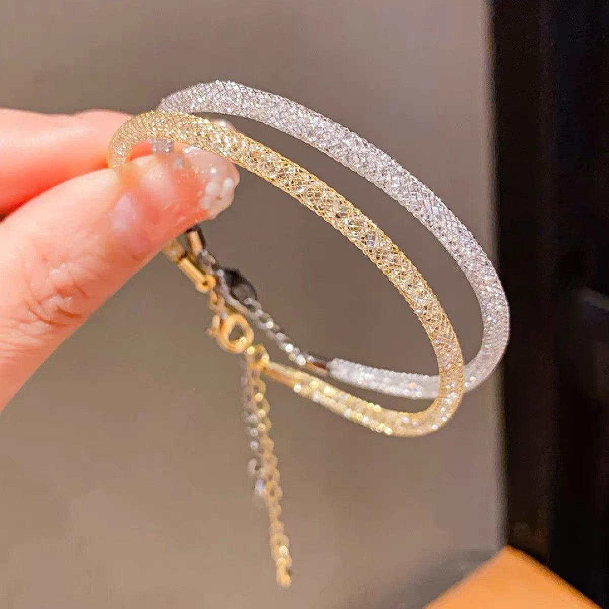 Bracciale a maglia in argento sterling 999 con cristalli,