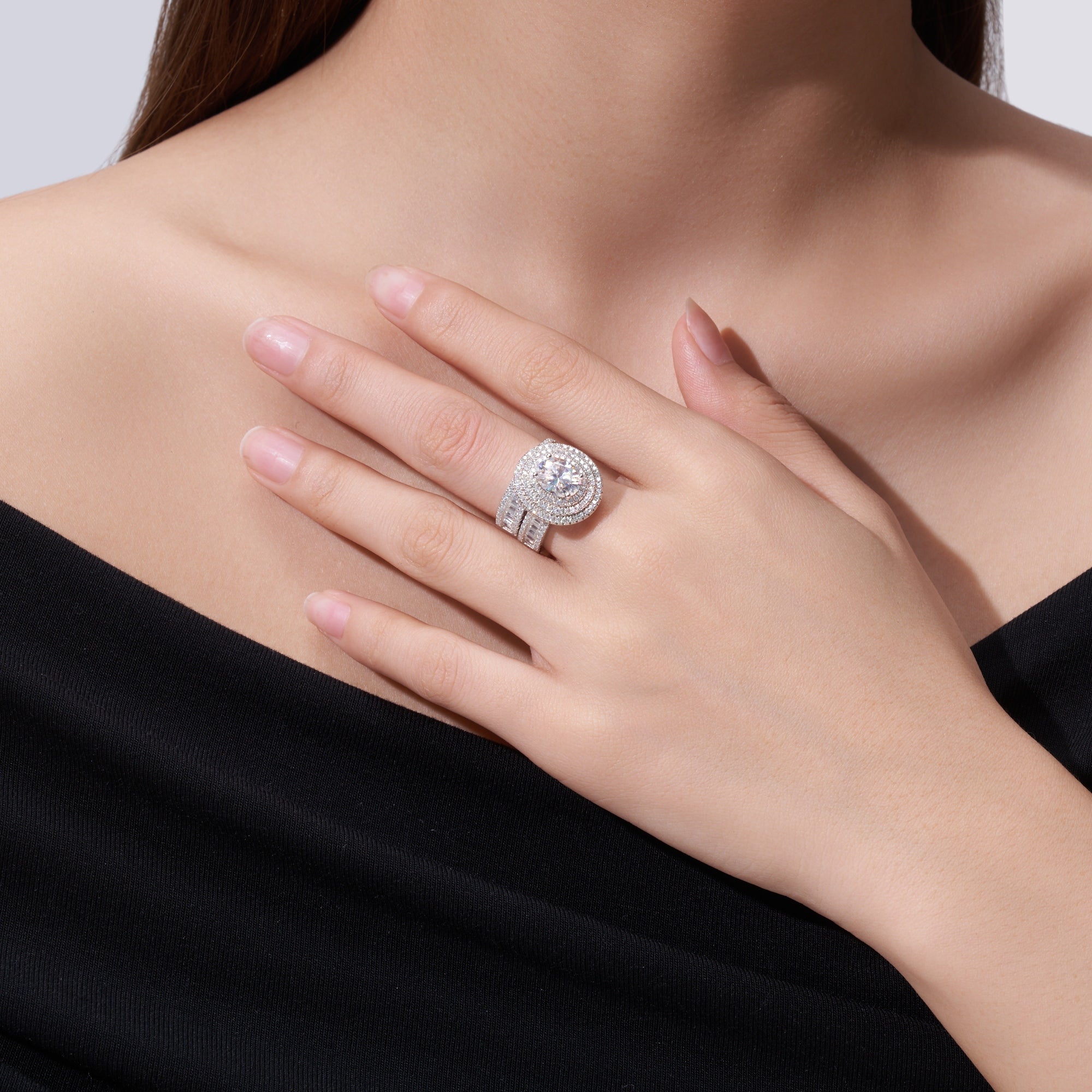 Luxury Fashionable Affordable Trend Jewelry Silver Ring Set With Top-Quality Moissanite, S925 Silver With Platinum Plating