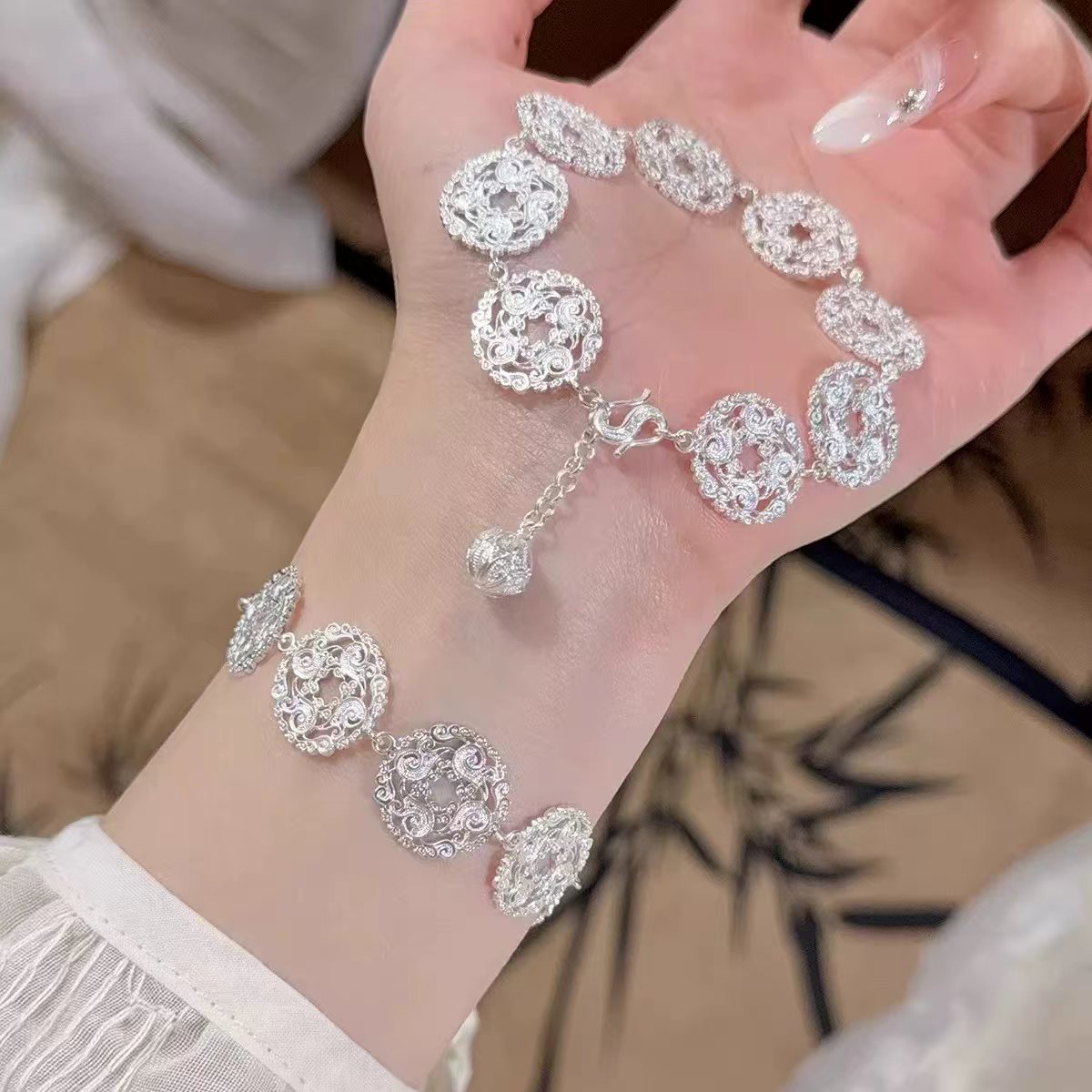 Sterling 999 silver filigree hollow round charm bracelet
