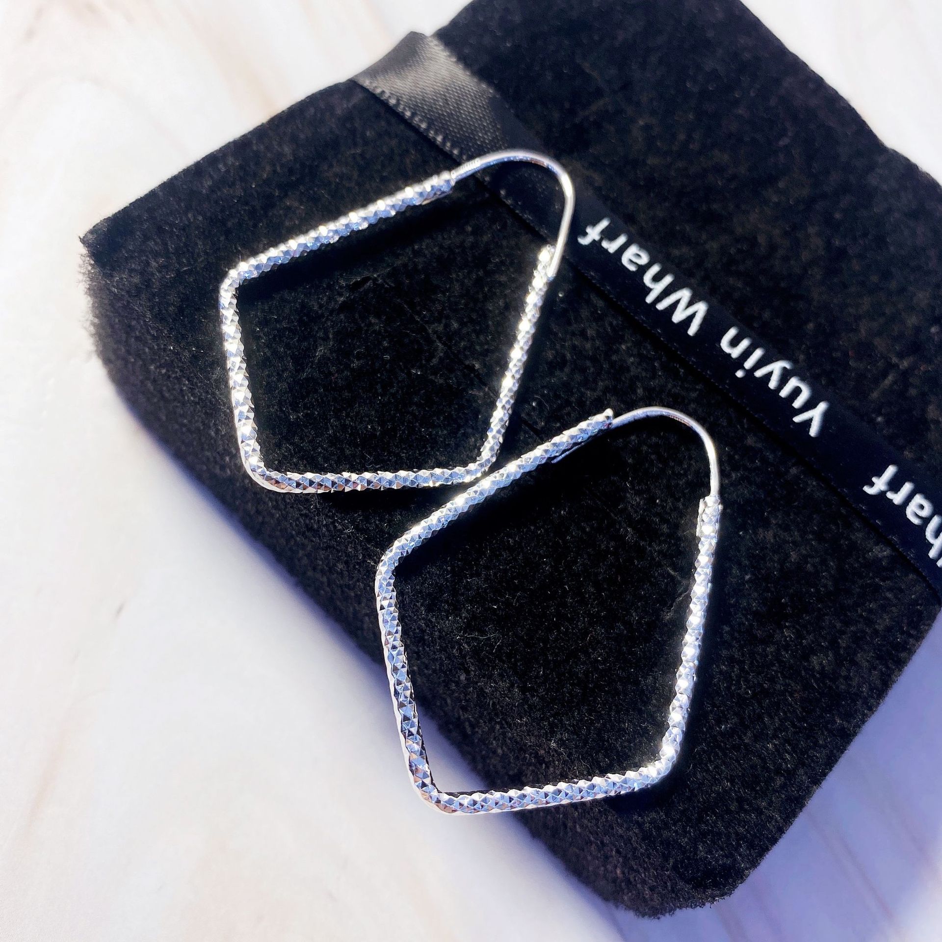 1 Pair 999 Sterling Silver Sparkly Geometric Hoop Earrings,